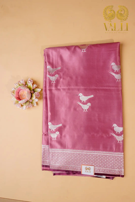 Bird Satin Banarasi Saree – Pastel Pink with Gold Bird Motifs