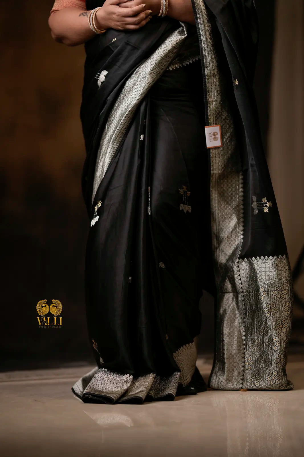 Black Satin Banarasi Saree – Geometric Pallu with Tassel Detailing