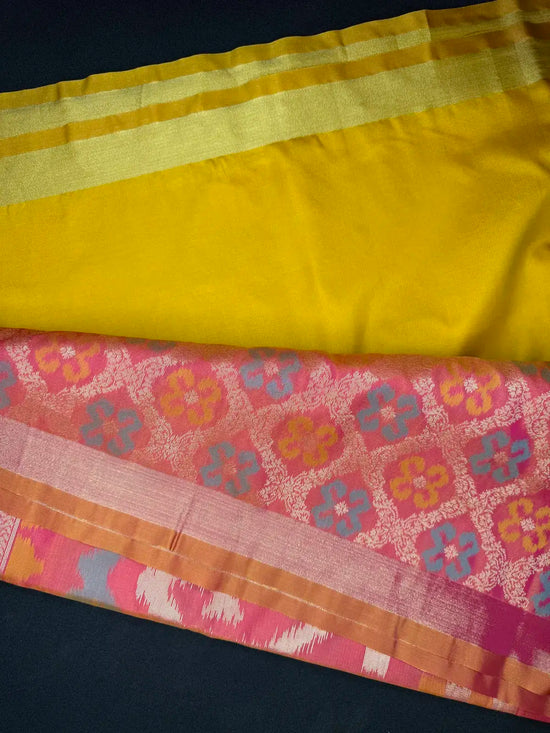 Ikkat Pallu Semi Silk Saree – Yellow Body with Heavy Ikkat Pallu & Pink Brocade Blouse