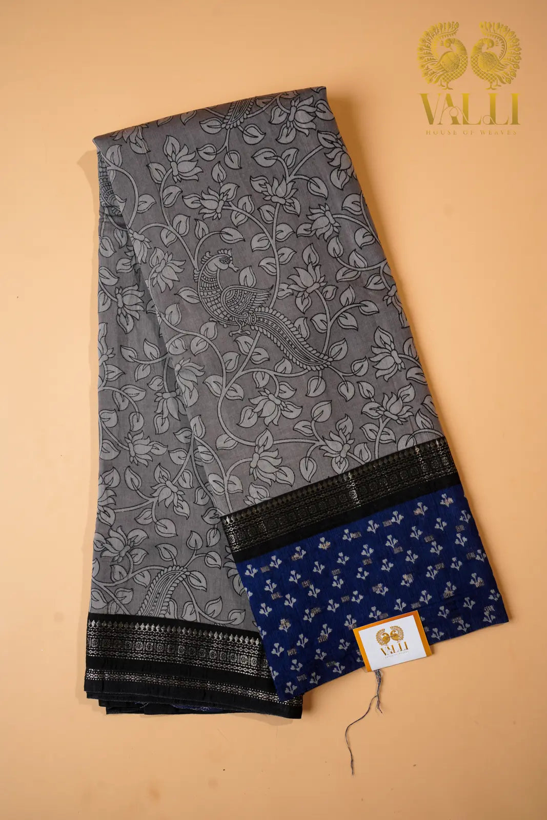 Kalamkari cotton saree grey + blue 