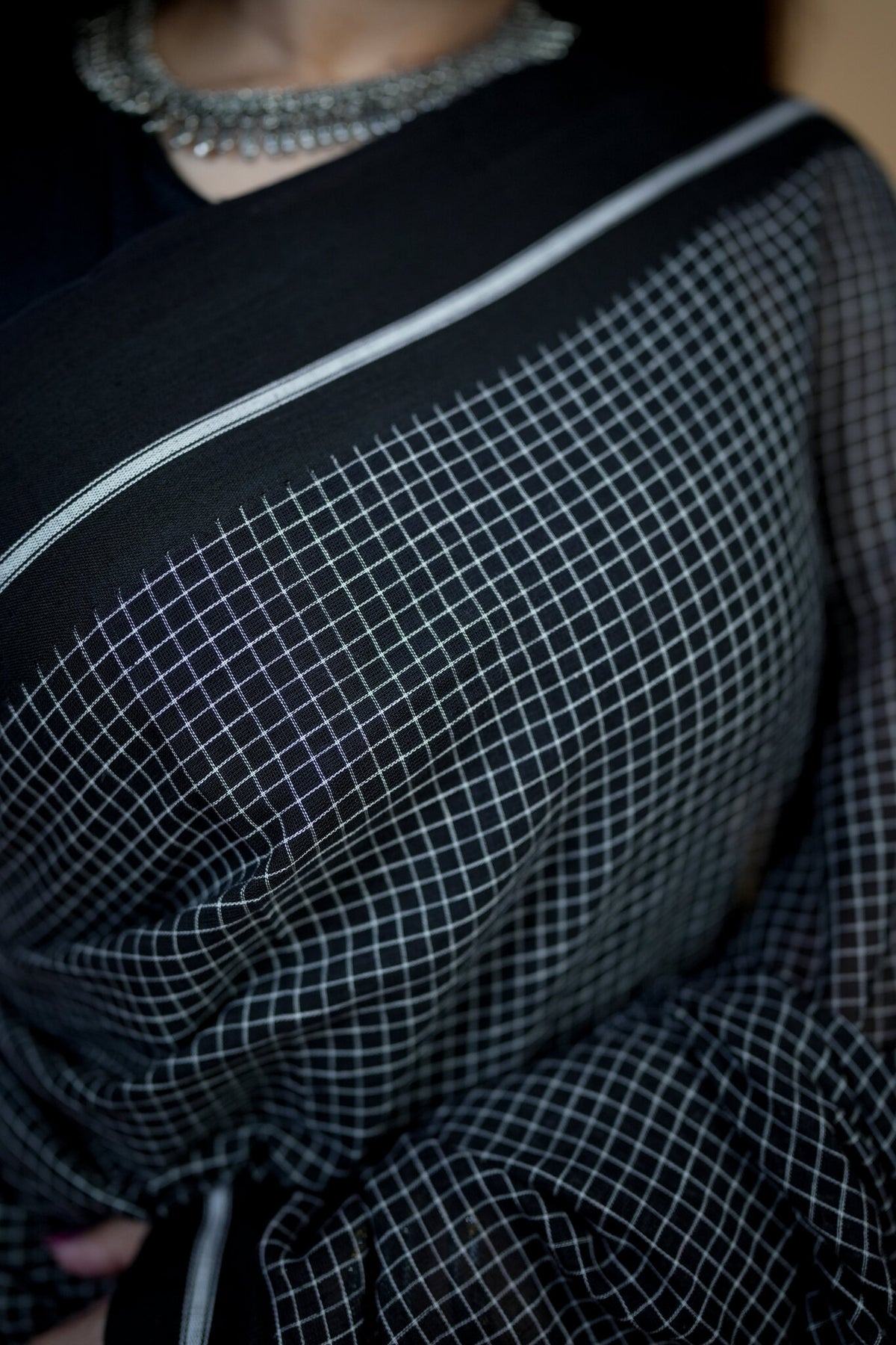 Patteda Anchu Cotton Saree – Black & White Checks
