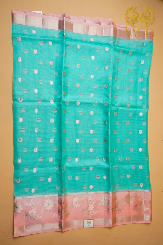 Sea Green Kota Saree with Raw Mango Border & Peach Brocade Blouse