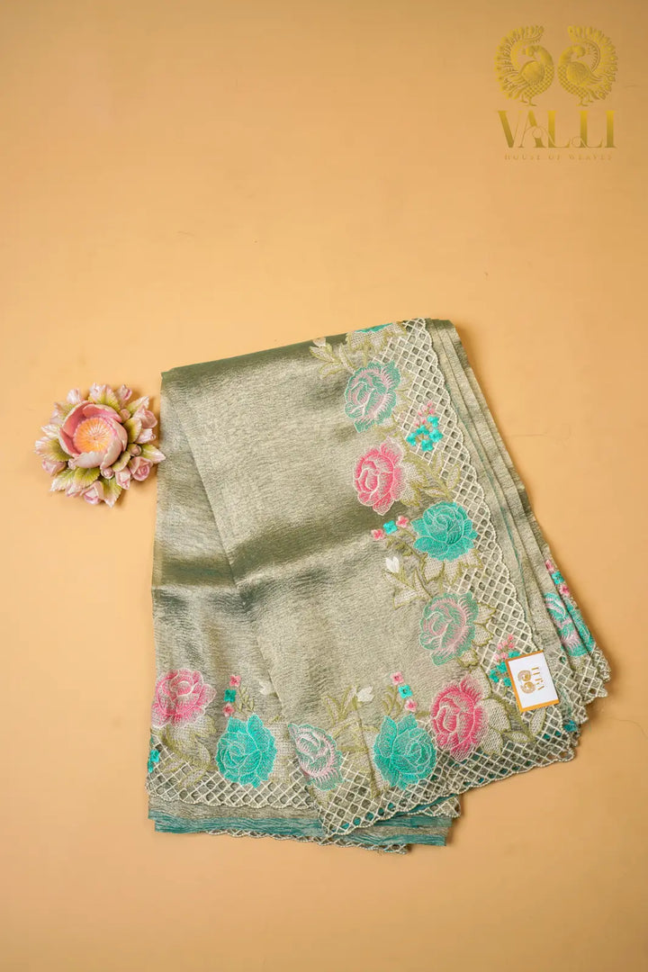 Green Crush Tissue Cutwork Saree with Embroidery