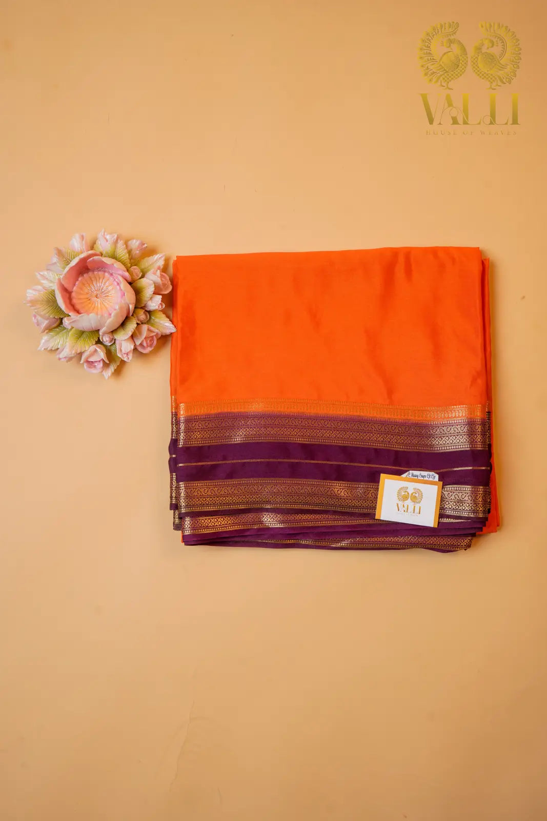 Semi Crepe Silk Orange Saree with Purple Contrast Border & Gold Stripe Pallu