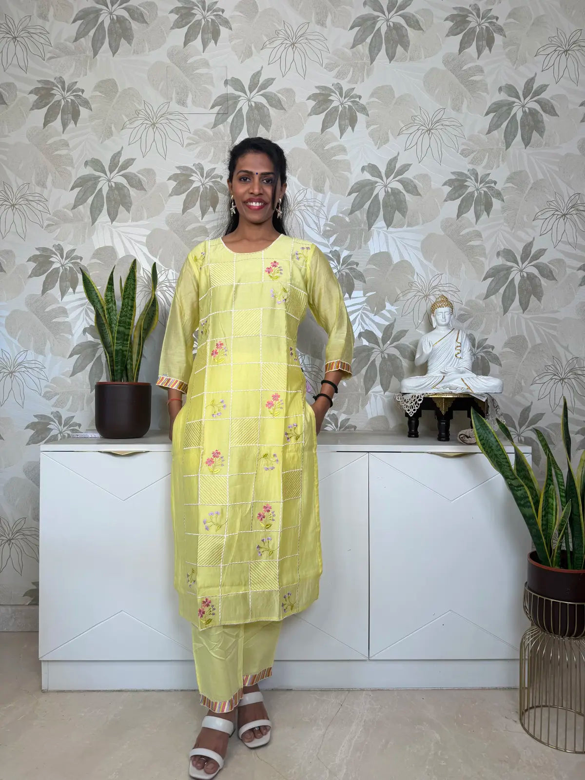 Yellow Cotton Salwar Set with Floral Embroidery and Scalloped Dupatta