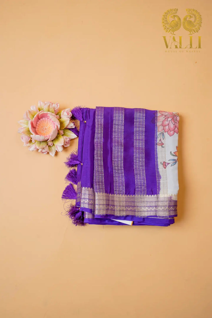 Digi Semi Crepe Saree with Purple Contrast Half-and-Half Pallu