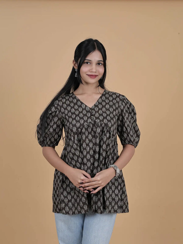 Black Block Print Alia-Cut Short Top Kurti