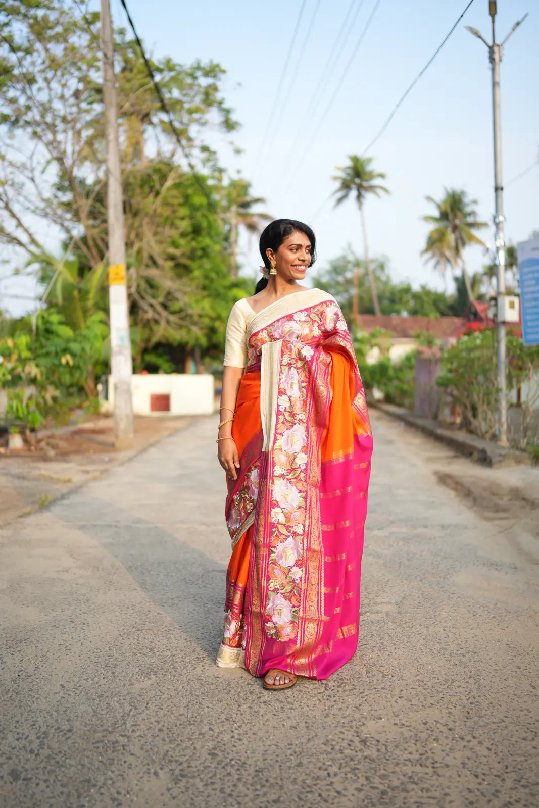 Pure Crepe Mysore Silk Saree with Embroidery & Contrast Pink Pallu