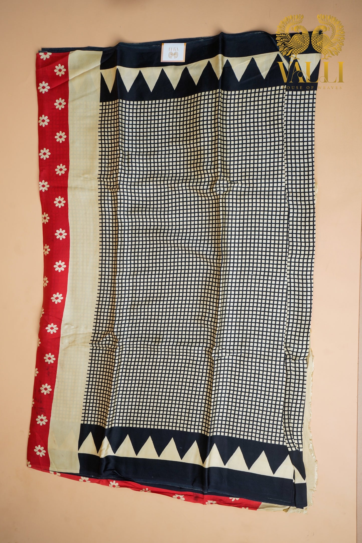 Black checks modal silk saree with red pallu