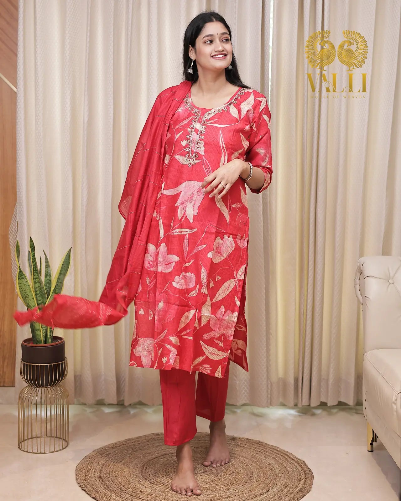 Red rayon digital print 3pc set straight cut with slit