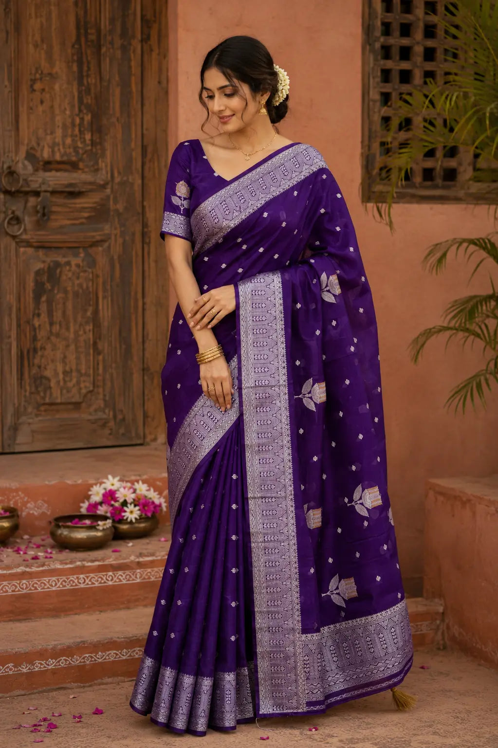 Satin Banarasi Saree – Rich Purple with Zari Flower Motif & Heavy Brocade Pallu