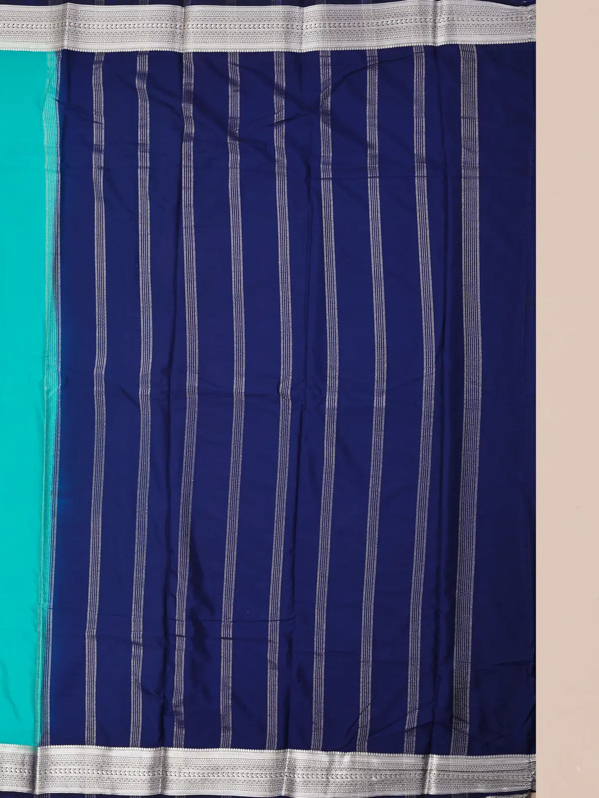 Contrast Border Semi Crepe Silk Saree with Silver Zari Border & Pallu - Green +Blue