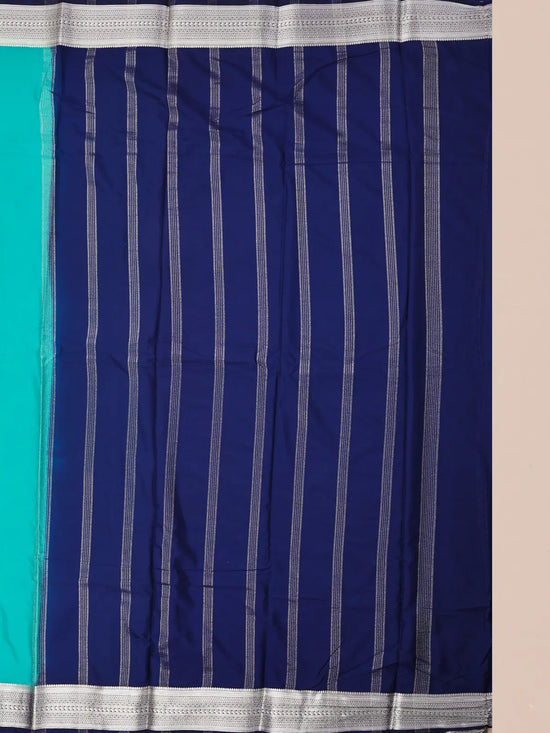 Contrast Border Semi Crepe Silk Saree with Silver Zari Border & Pallu - Green +Blue