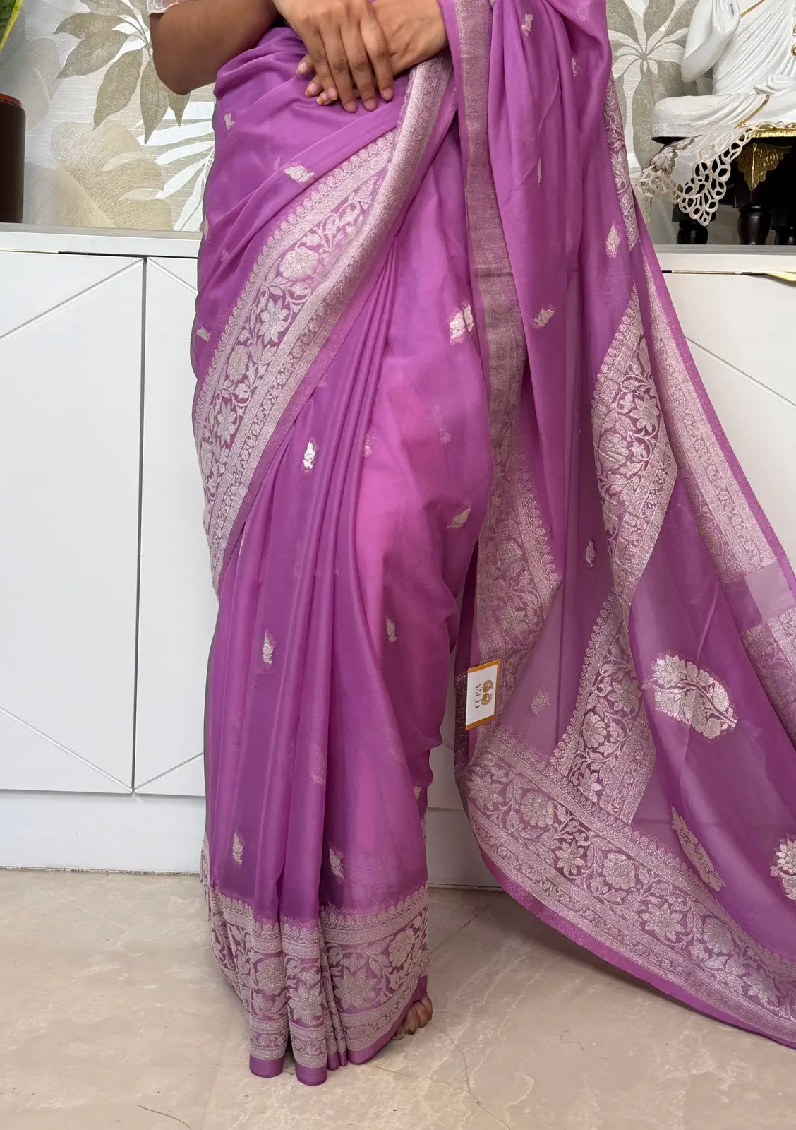 Lavender Chiffon Saree with Elegant Silver Zari Border