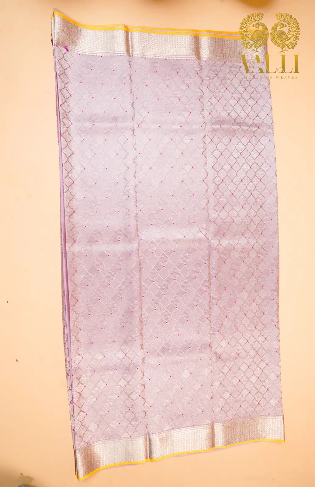 Blush Pink Banarasi Crepe Silk Saree with Yellow Selvage