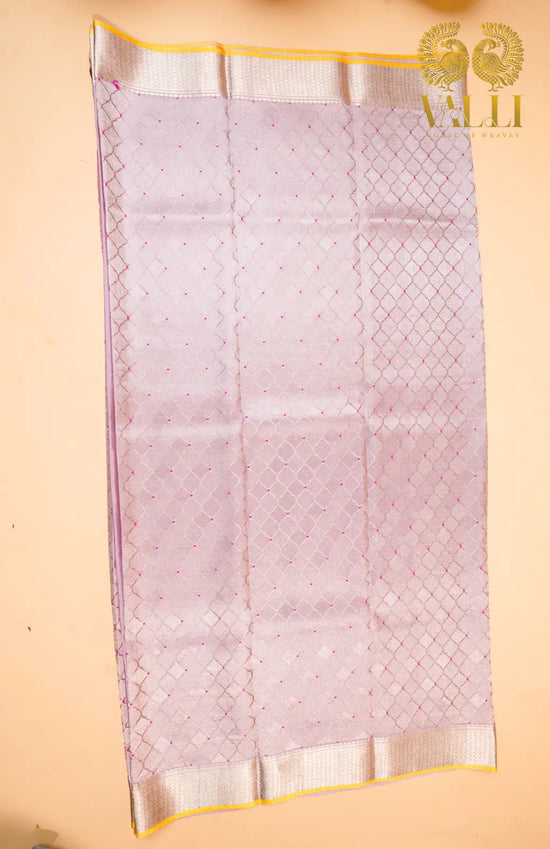 Blush Pink Banarasi Crepe Silk Saree with Yellow Selvage