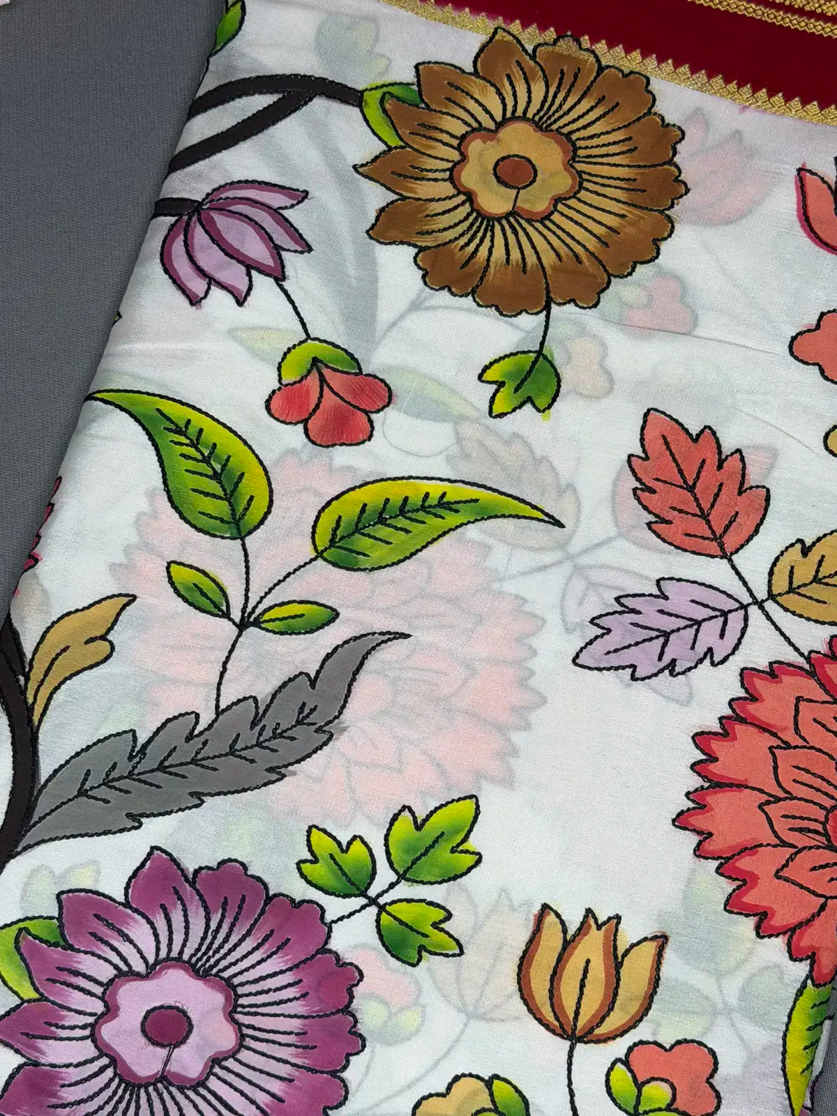 Stripes Kantha Mysore crepe silk red 