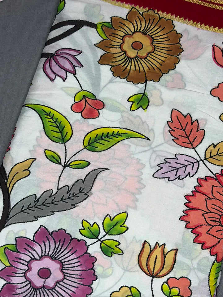 Stripes Kantha Mysore crepe silk red 