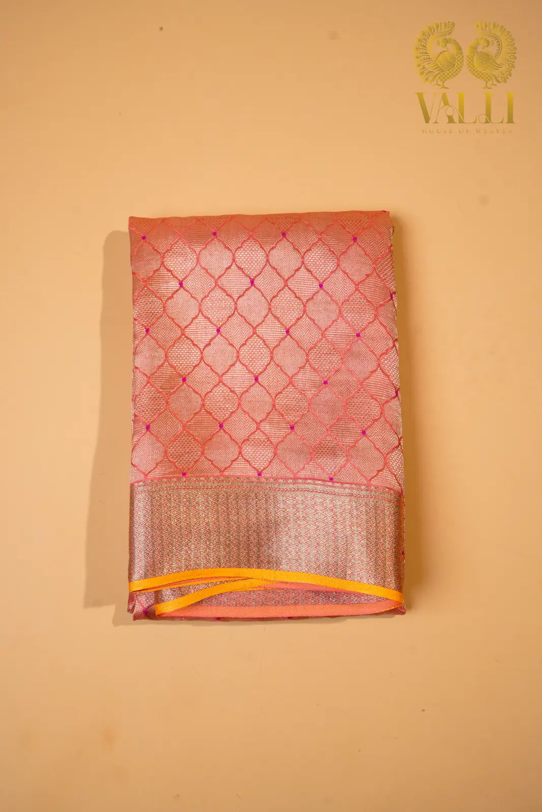Peach Banarasi Crepe Silk Saree with Yellow Selvage