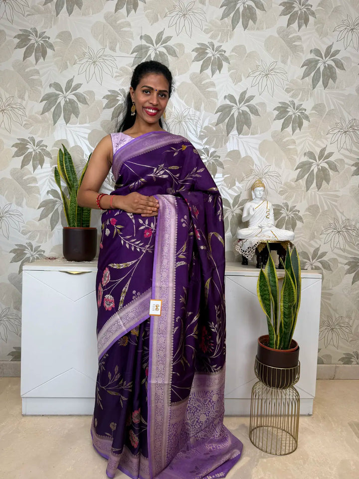 Georgette Banarasi Saree in Royal Purple with Floral Weaving
