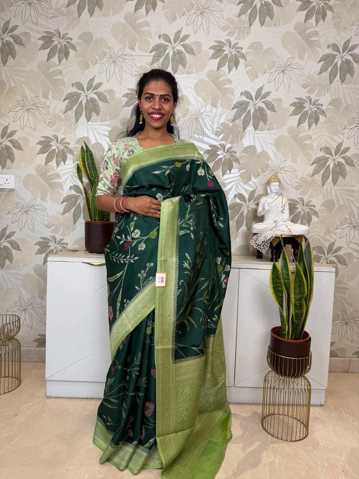 Georgette Banarasi Saree in Deep Green with Elegant Floral Weaving