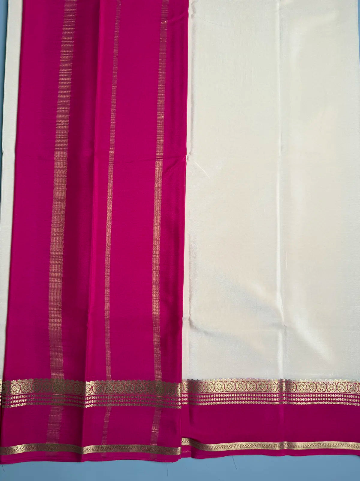 Beige pure Mysore Crepe Silk Saree with Rani Pink Contrast