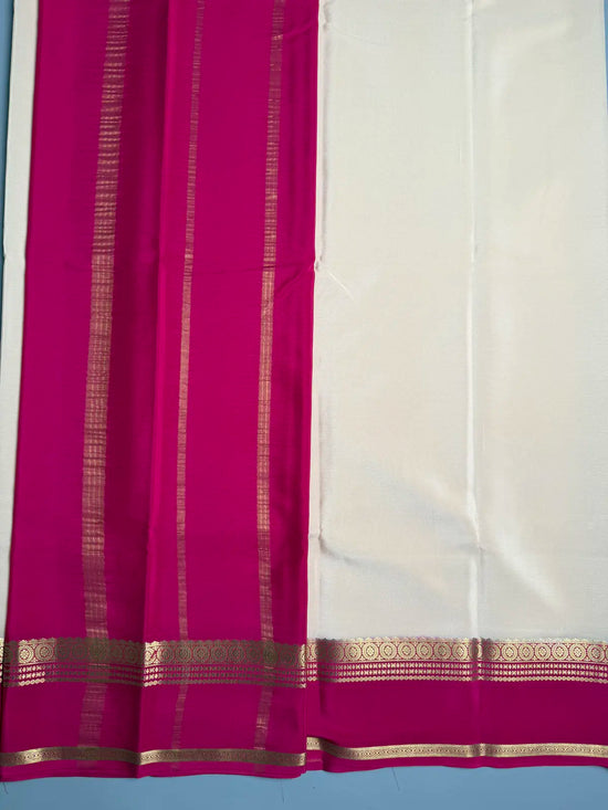 Beige pure Mysore Crepe Silk Saree with Rani Pink Contrast
