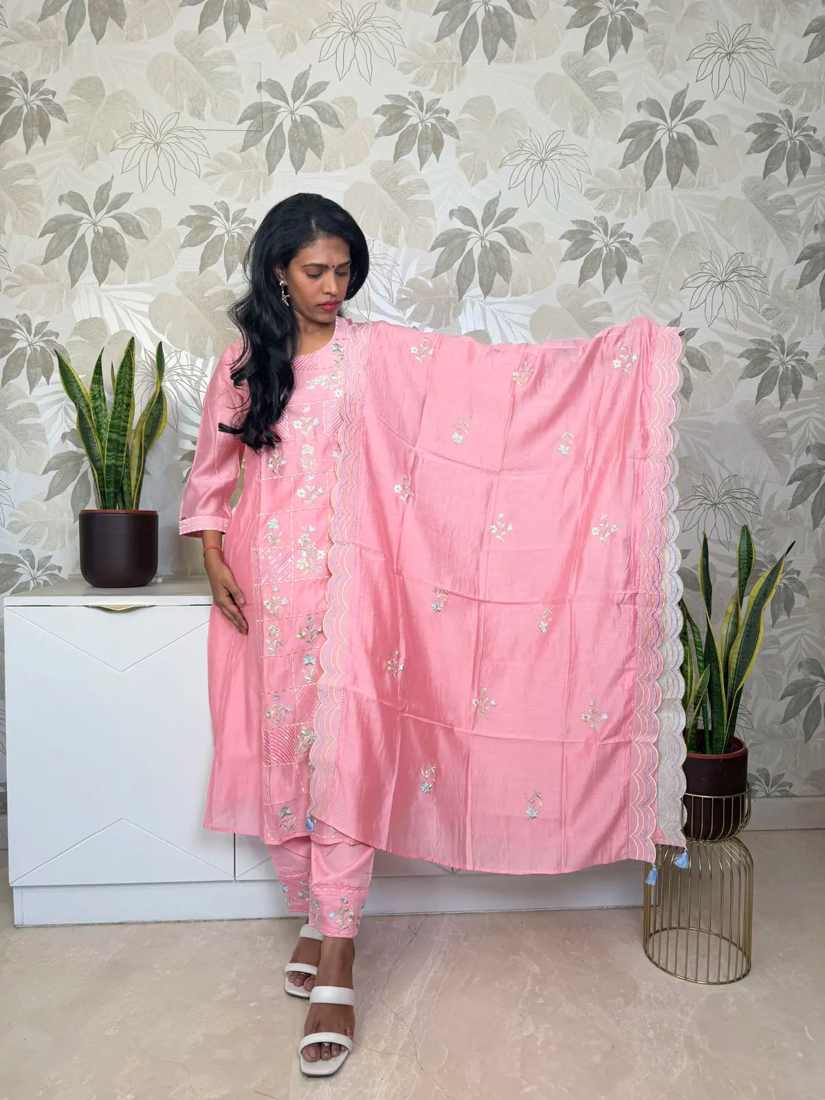 Peach Pink Salwar Set with Floral Embroidery and Patchwork Panels