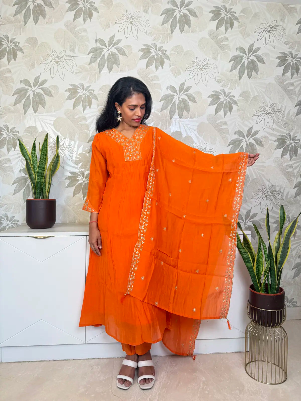 Bright Orange Mulchandiri Salwar Set with Floral Thread Embroidery