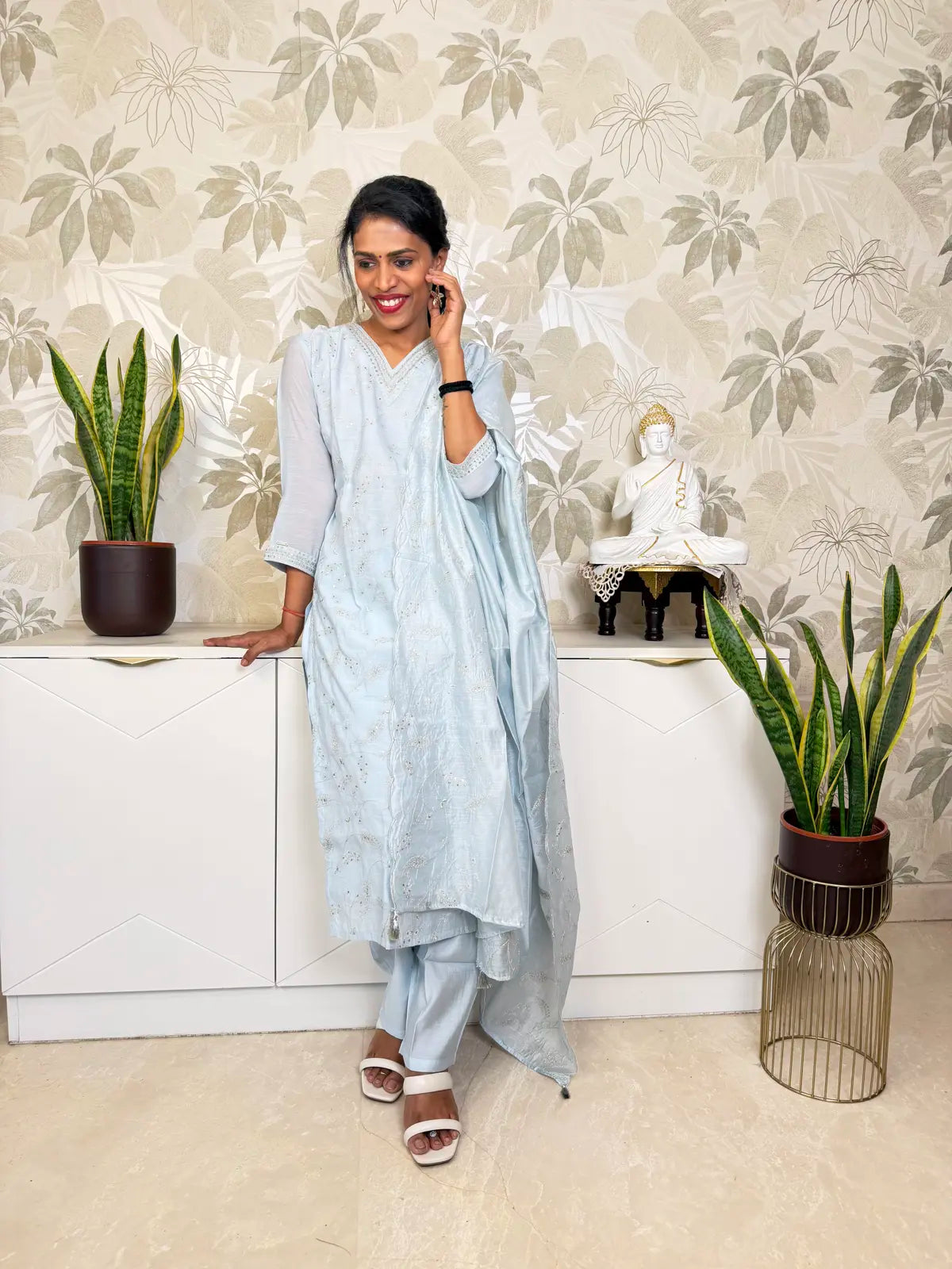Light Blue Organza Salwar Set with Floral Thread Embroidery