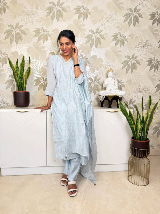 Light Blue Organza Salwar Set with Floral Thread Embroidery