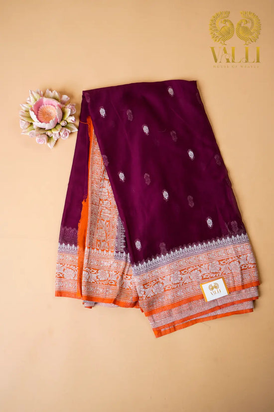 Maroon Chiffon Saree with Elegant Silver Zari Border