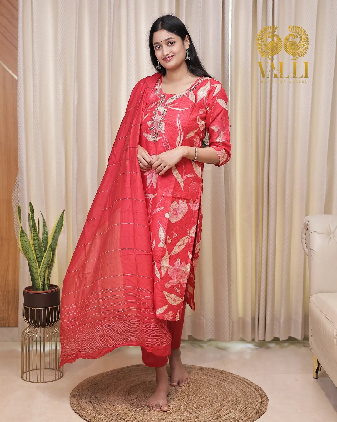 Red rayon digital print 3pc set straight cut with slit