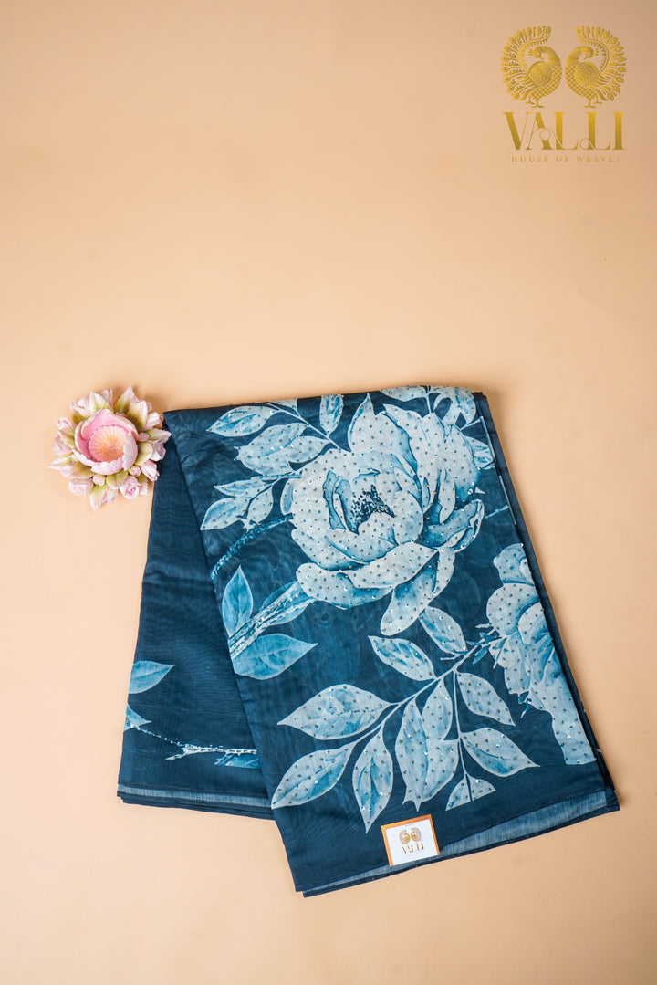 Teal Blue Chandri Cotton Saree with Sequin Pallu