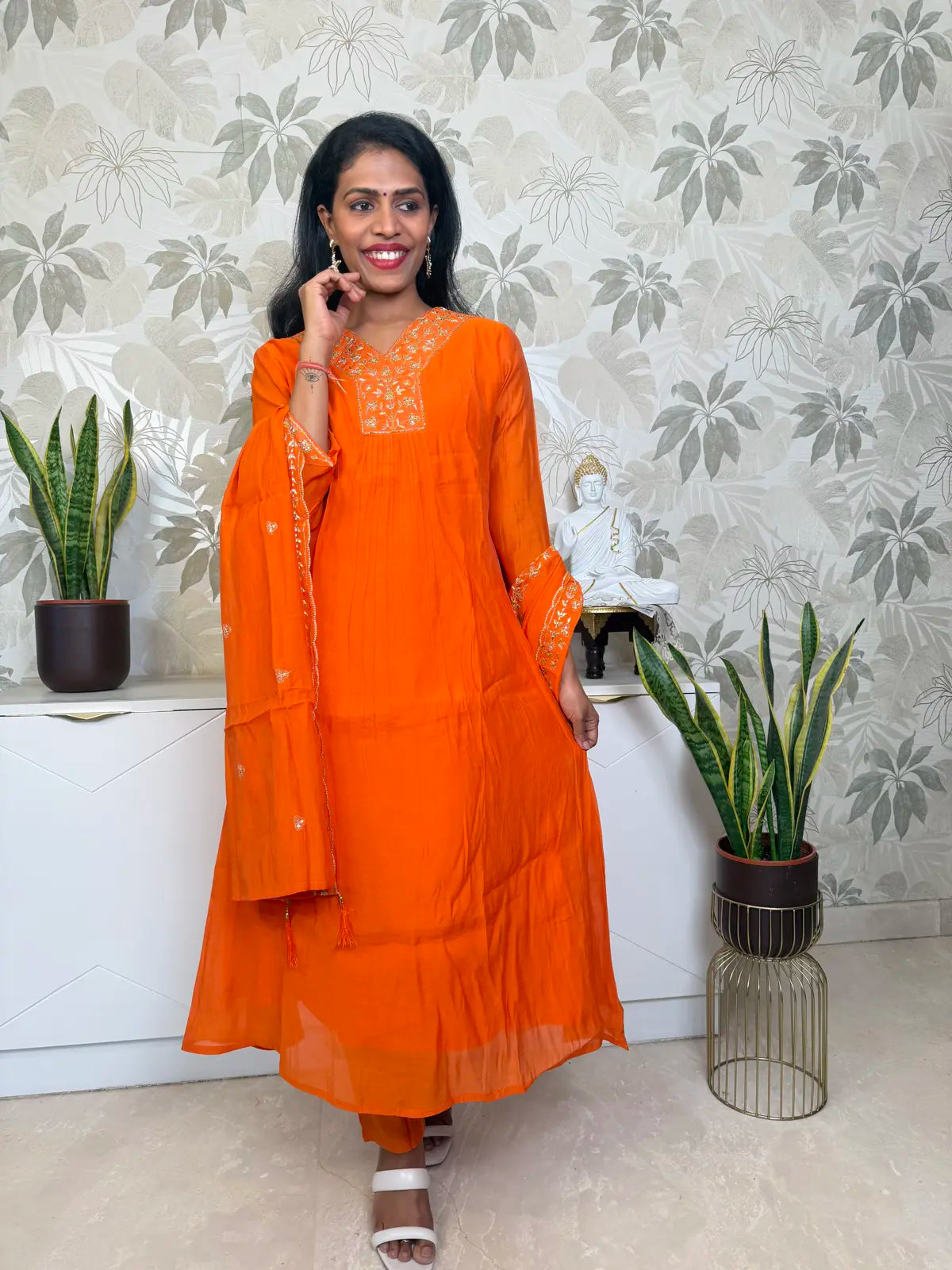 Bright Orange Mulchandiri Salwar Set with Floral Thread Embroidery