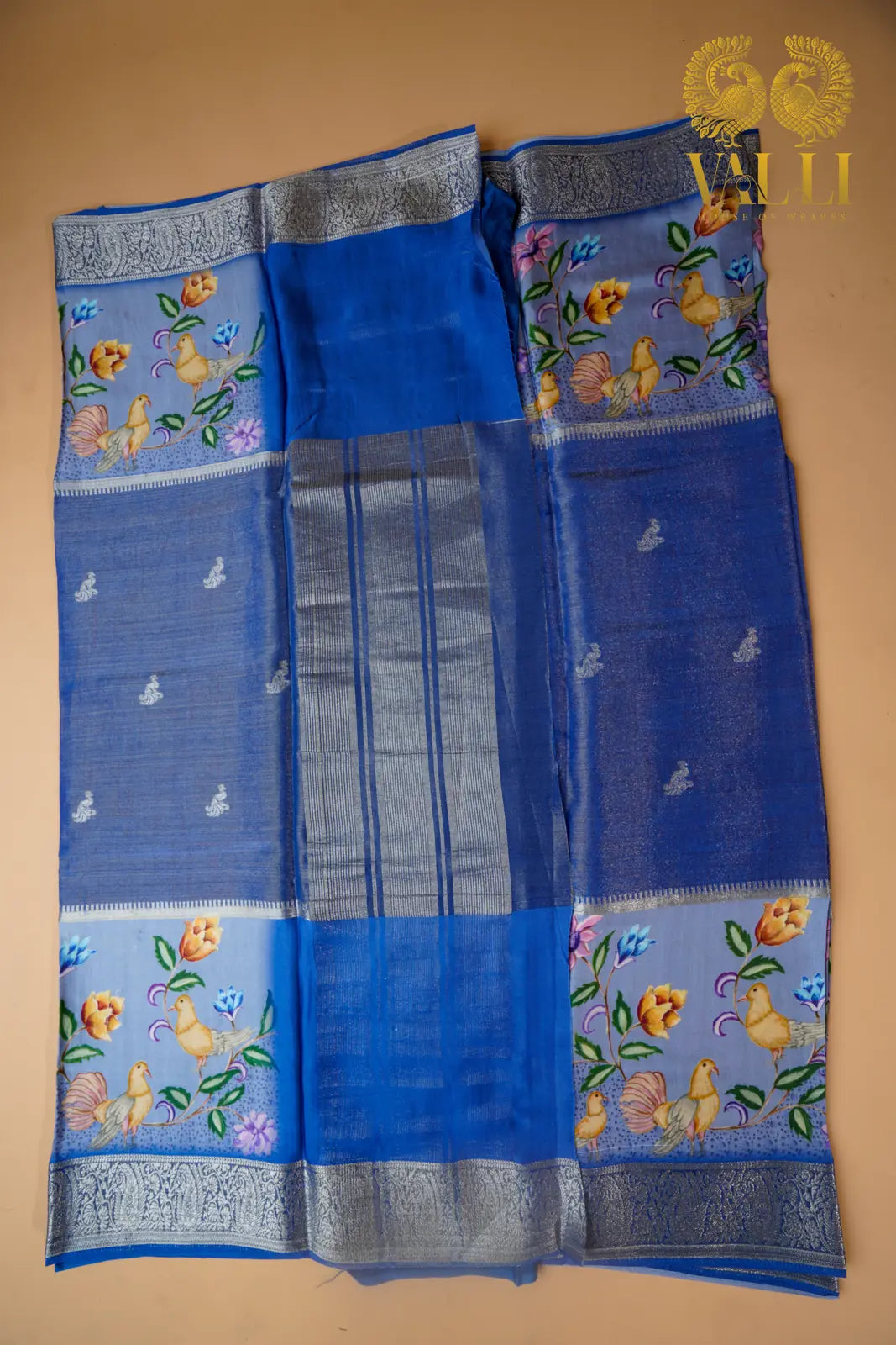 Printed Silk Saree with Zari Border – Royal Blue with Floral & Bird Motifs