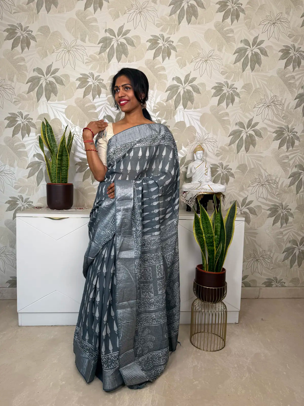 Grey Cotton Saree with Block Print  and Batik Pallu