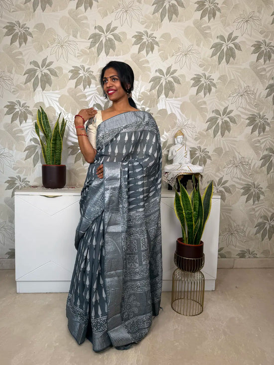 Grey Cotton Saree with Block Print  and Batik Pallu