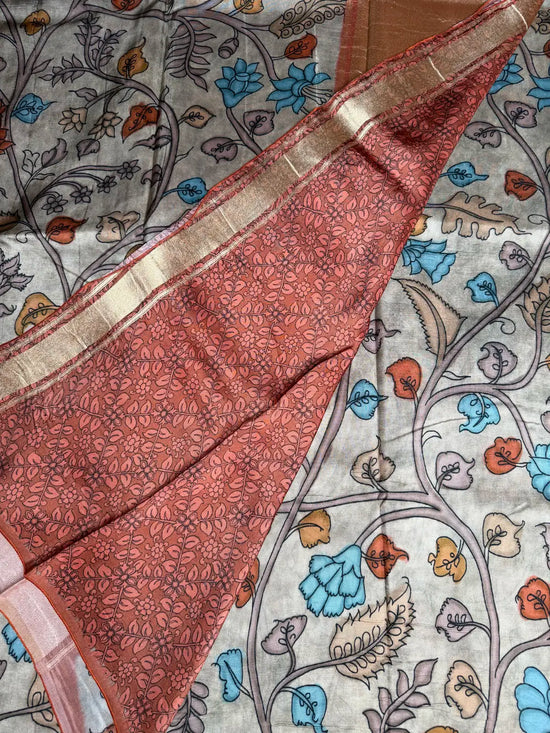 Kalamkari  crep silk saree gray and cinnamon colour 