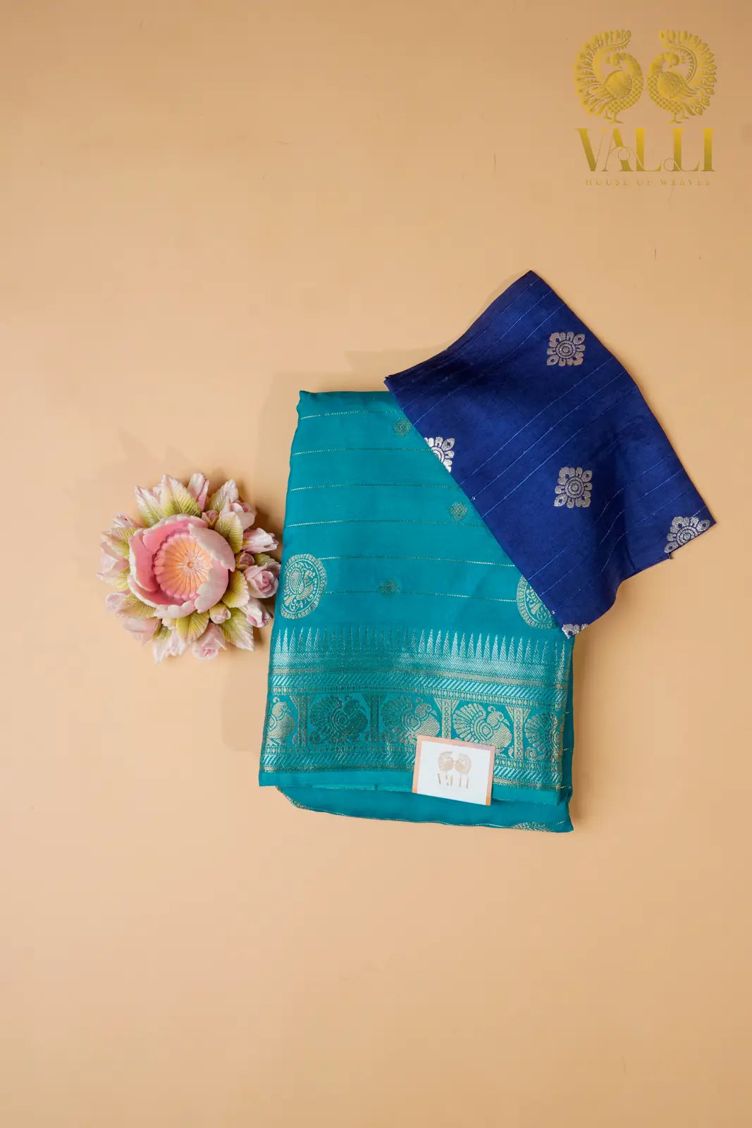 Contrast Zari Woven Silk Saree – Teal Green with Navy Blue Blouse