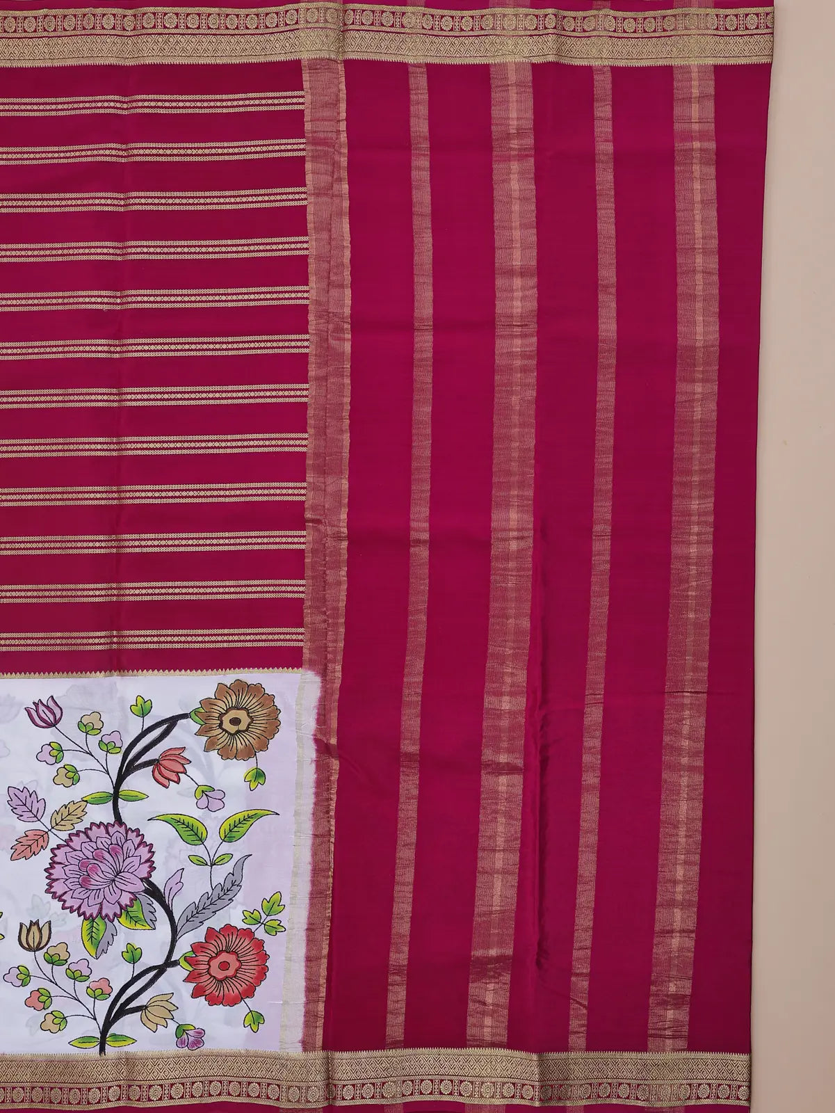 Pure Crepe Silk Saree – Rani Pink with Kantha Hand-Painted Work