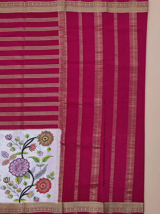 Pure Crepe Silk Saree – Rani Pink with Kantha Hand-Painted Work