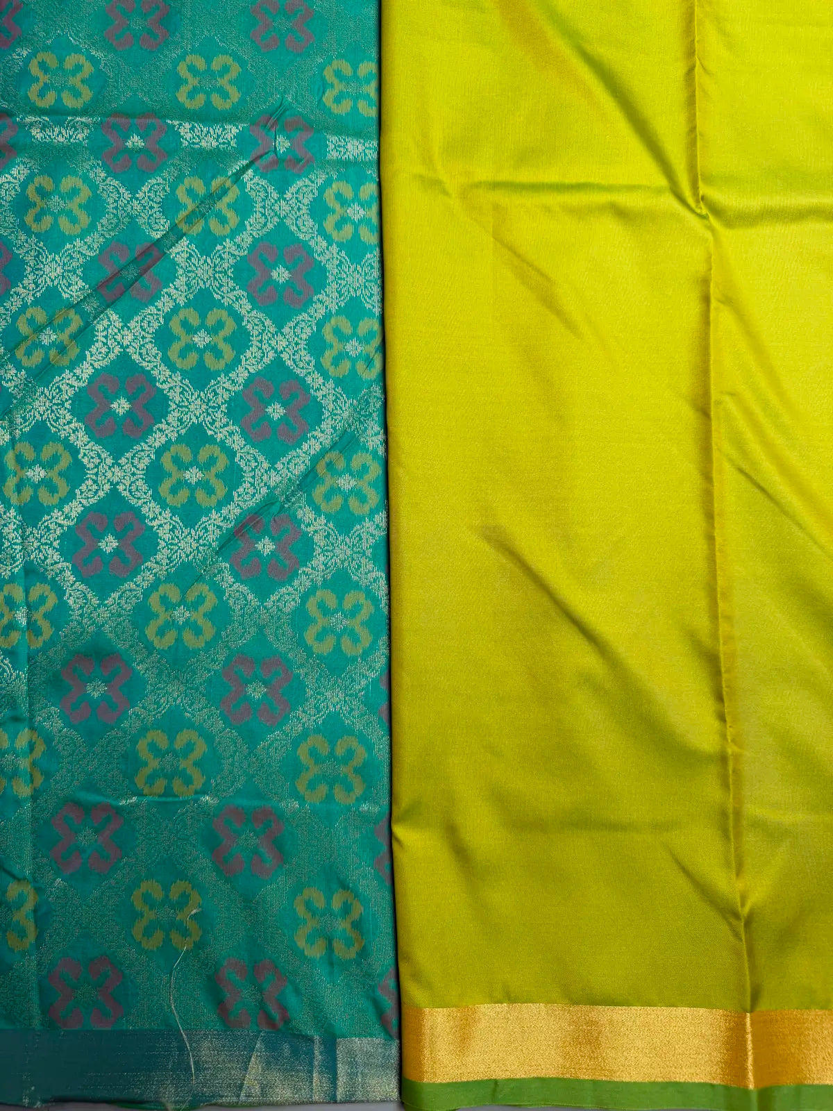 Parrot Green Saree with Heavy Ikat Turquoise Pallu & Brocade Ikat Blouse