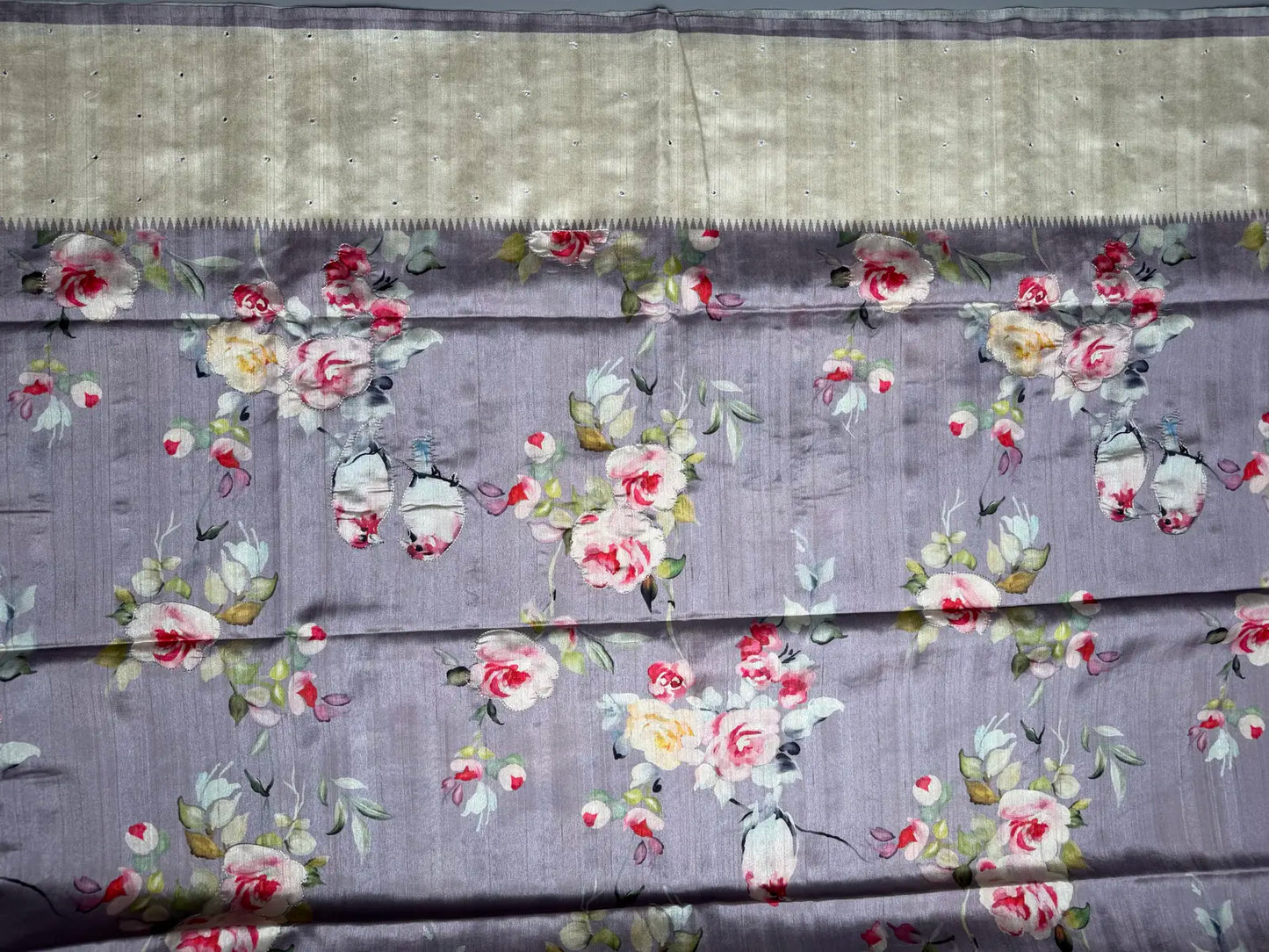 Lavender Bird Print Saree with Mirror Work & Temple Border