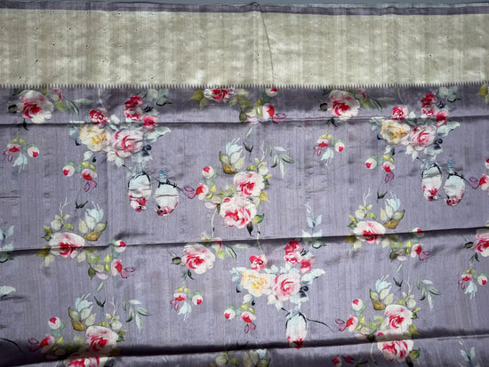 Lavender Bird Print Saree with Mirror Work & Temple Border