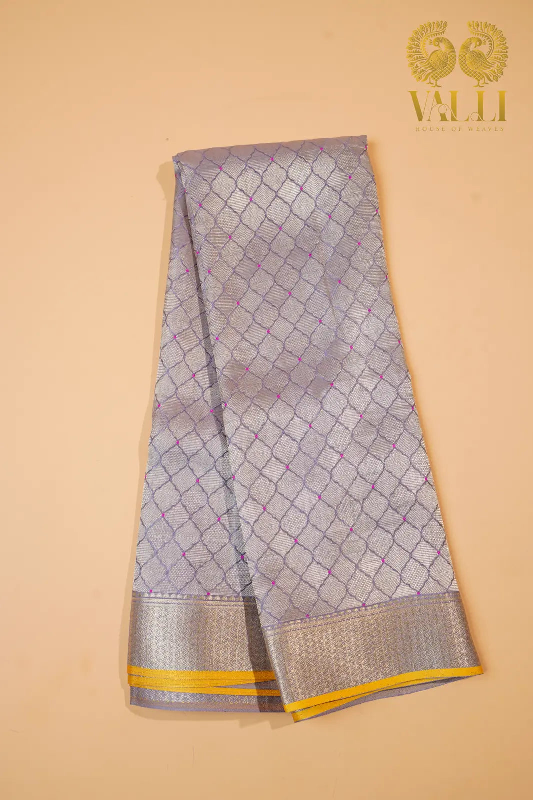 Greyish Lilac Banarasi Crepe Silk Saree with Yellow Selvage