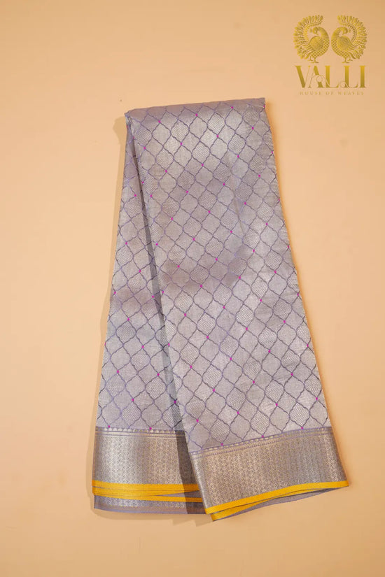 Greyish Lilac Banarasi Crepe Silk Saree with Yellow Selvage