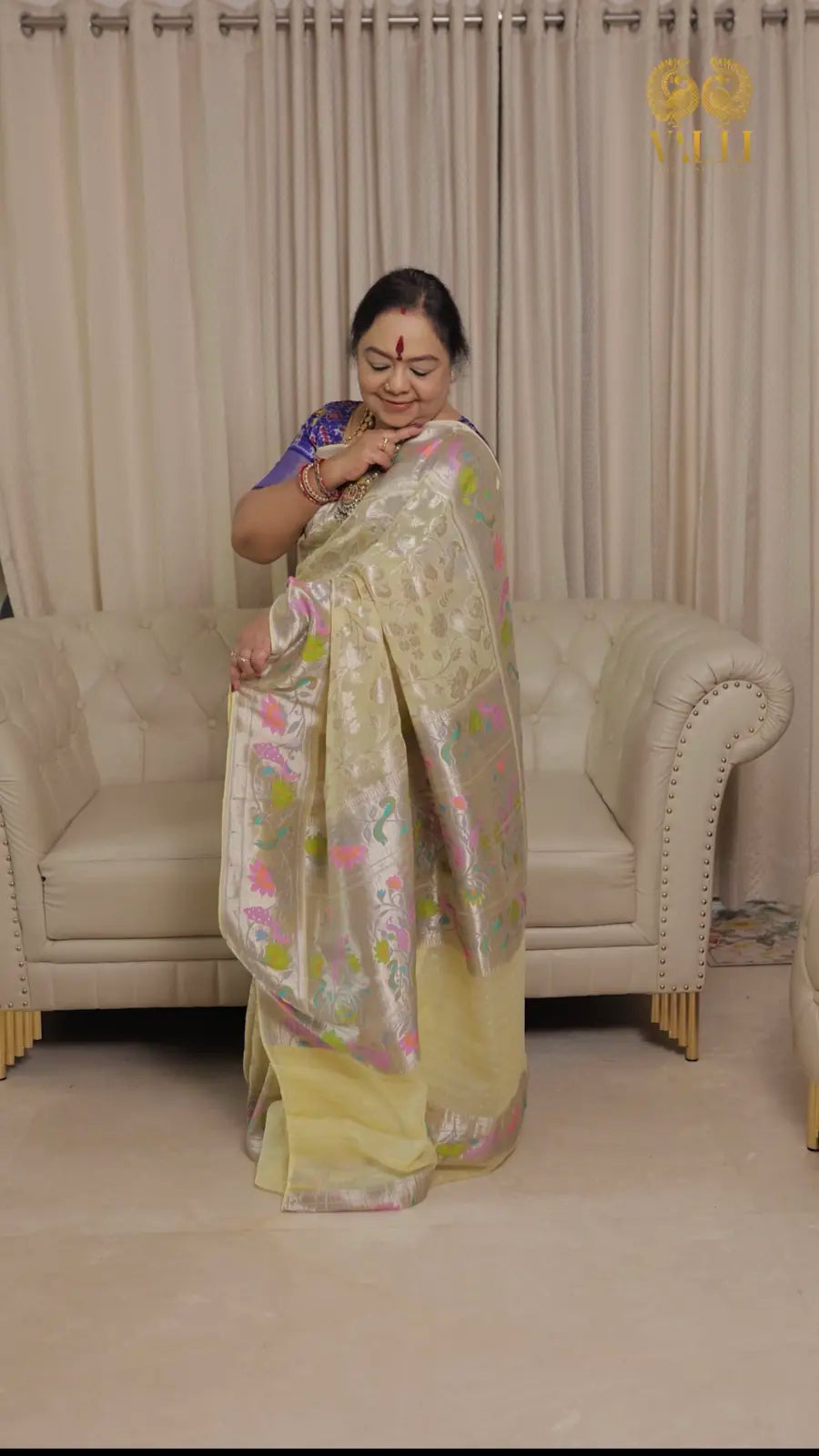 Soft Georgette Silver Jaal Paithani Saree - lemon yellow 