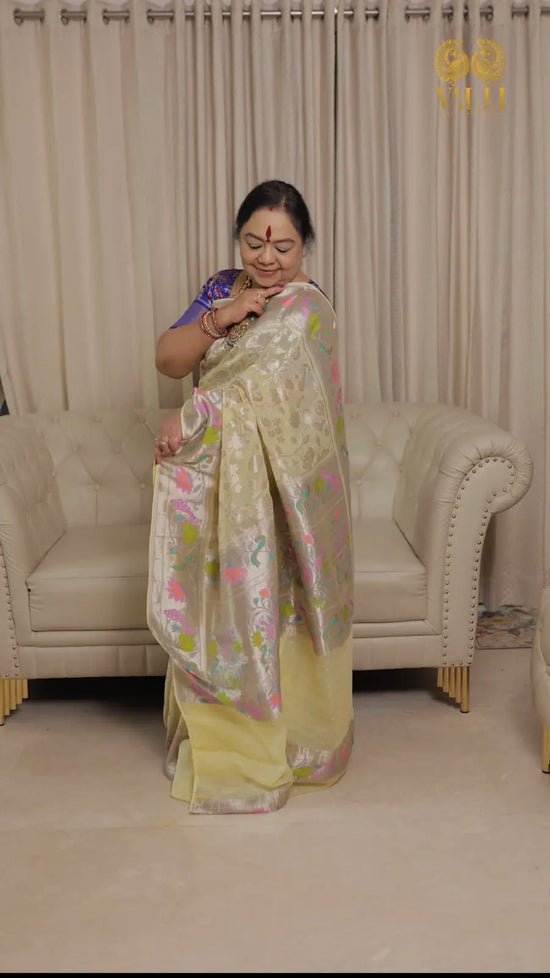 Soft Georgette Silver Jaal Paithani Saree - lemon yellow 
