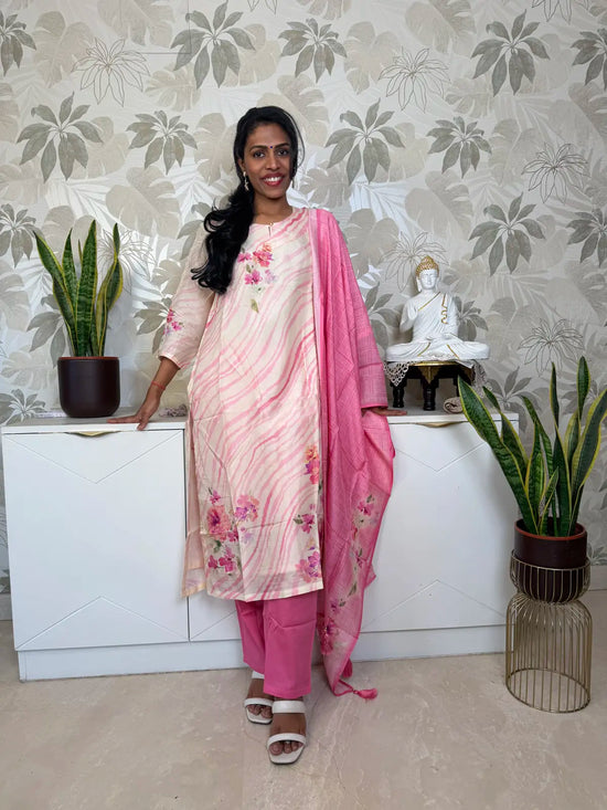 White Silk-Finish Digital Floral Print Salwar Set with Pink Dupatta